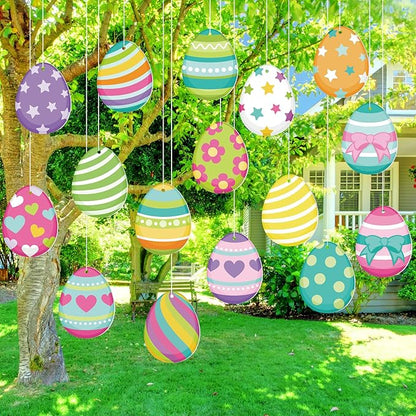 Ferraycle 16 Pcs Easter Decorations Outdoor Easter Eggs Hanging Yard Signs 7.9 Inch Large Colorful Egg Shaped Double Sided Plastic Slices Ornaments for Tree Porch Yard Outside Party Decor(Vibrant Egg)