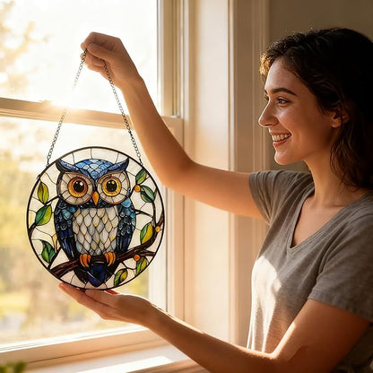 Owl Stained Glass Window Hanging Sun Catcher - Handmade Glass Window/Home Decor,Owl Gifts for Women Sun Catchers Hangings Birds Suncatcher Decor for Birthday for Women Men