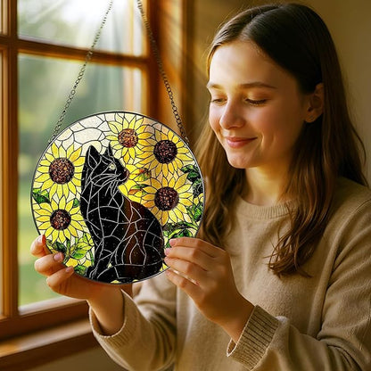 Stained Glass Window Hanging, Pauyadu 8 Inch Sunflower Black Cat Stained Glass Suncatcher, Cats Lover Gifts, Black Cat Memorial Ornament, Window Hanging Decor, Pet Gift, Gifts for Women, Mom