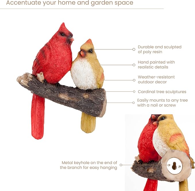 Bits and Pieces - 'Pair of Cardinals' Tree Hugger - Yard Decorations - Whimsical Tree Birds Sculpture - Garden Decoration - Garden Peeker Yard Art
