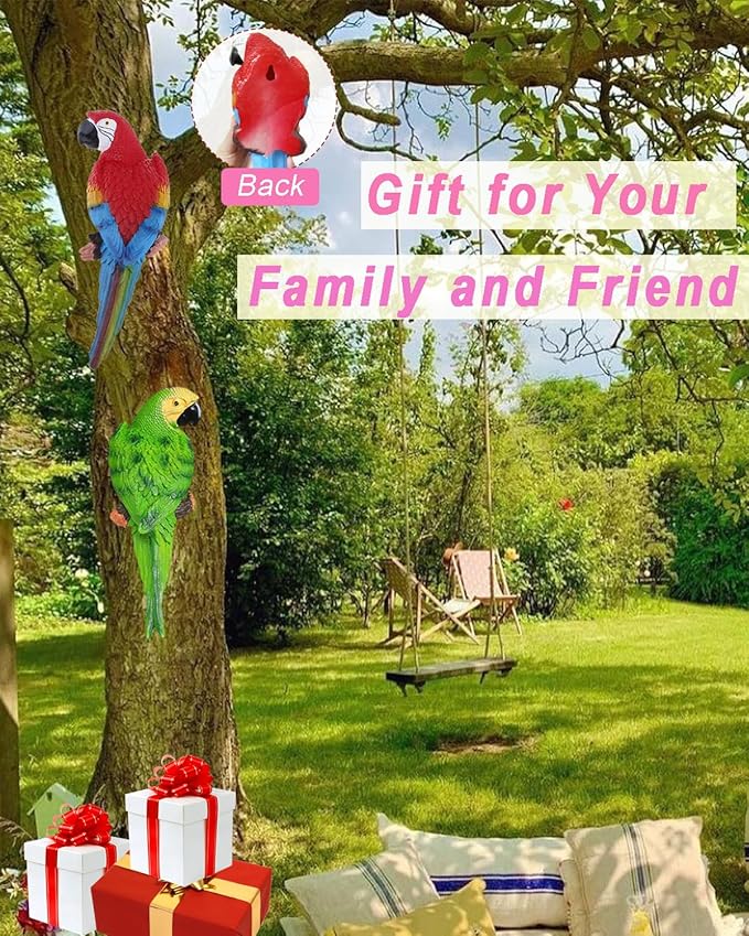 2Pcs Large Parrot Decor Outdoor Tiki Bar Decorations Realistic Parrot Statues for Pool Hawaiian Tropical Decor, 12.5" Lifelike Fake Macaw Sculptures for Palm Tree Jungle Garden Patio Yard(Green, Red)
