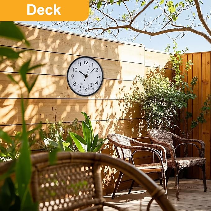 Indoor Outdoor Clocks Waterproof, Decorative Wall Clocks with Temperature and Humidity, Non Ticking Round Wall Clock Battery Operated for Patio Garden Home