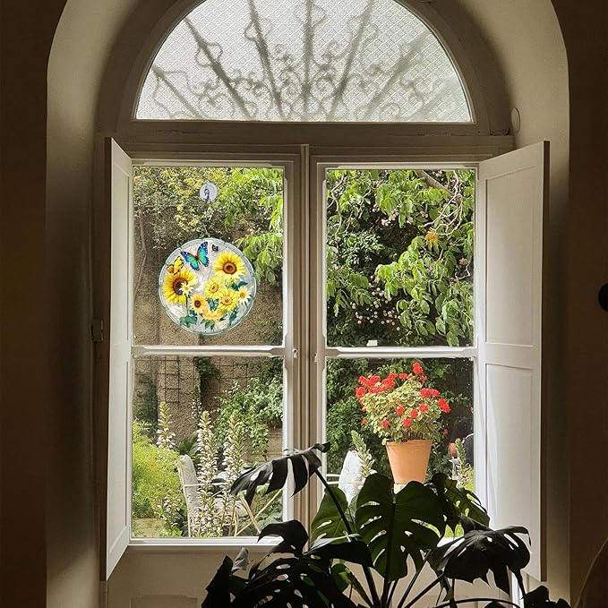 Stained Glass Window Hanging Sunflower 8 Inch, Indoor Outdoor Wall Art Home Decor, Sun Catchers,Birthday for Women Men