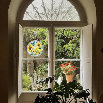 Stained Glass Window Hanging Sunflower 8 Inch, Indoor Outdoor Wall Art Home Decor, Sun Catchers,Birthday for Women Men