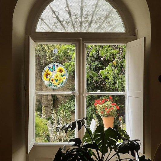 Stained Glass Window Hanging Sunflower 8 Inch, Indoor Outdoor Wall Art Home Decor, Sun Catchers,Birthday for Women Men