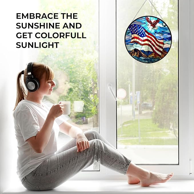 American Flag Stained Glass Window Hanging Customized Suncatcher 12" Glass Panel with Metal Chain Sun Catchers Wall Art Home Decor Gift for Women Mother's Day