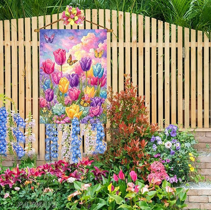 Spring Summer Tulip House Flag 28x40 Inch Double Sided Outside, Seasonal Flower Butterfly Large Yard Flag Outdoor Decoration