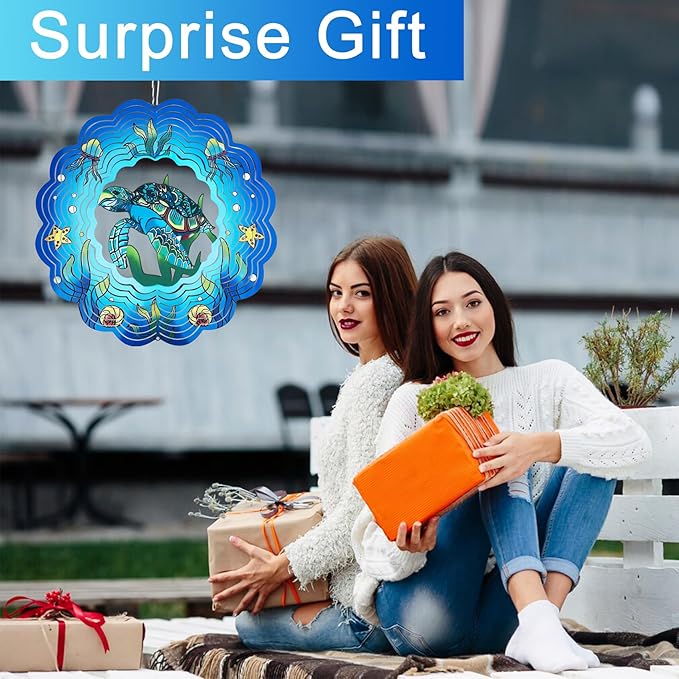 Wind Spinner Mandala 12 inch 3D Stainless Steel Laser Cut Metal Art Geometric Pattern Hanging Wind Spinner (sea Turtle)