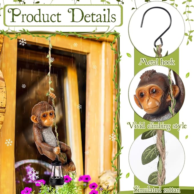 Rossesay Solar Light Outdoor Monkey Statues Brown 13.78 Inch Resin Chimpanzee Baby Monkey Climbing on Vine with LED Lantern Waterproof Hanging Figurine with Hook for Yard Garden Wall