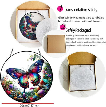 RIVEENY Butterfly Stained Glass Window Hangings, 8" Monarch Butterfly Hanging Stained Glass for Windows, Sun Catcher Garden Hangings Christmas Mother's Day, Valentine's Day Ornaments Festival Gift