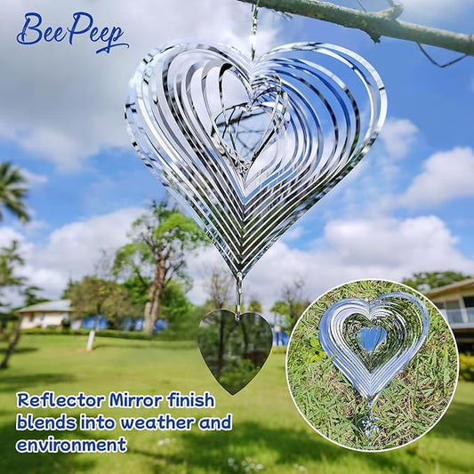 13in Wind Spinners Outdoor Silver Heart Metal Wind Spinners for Yard and Garden, Stainless Steel Hanging Wind Chimes for Outside Patio Art Decor Whirligig Gifts for Mom Gramother