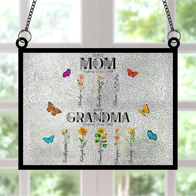 Personalized First Mom Now Grandma Stained Glass Suncatchers, Custom Name Birth Month Flowers Window Hanging Ornament, Mothers Day Grandmas Garden Gifts for Grandma Mom (Rectangle 4)