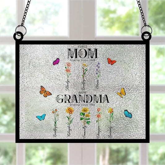 Personalized First Mom Now Grandma Stained Glass Suncatchers, Custom Name Birth Month Flowers Window Hanging Ornament, Mothers Day Grandmas Garden Gifts for Grandma Mom (Rectangle 4)