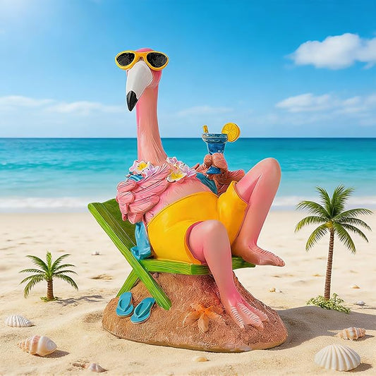 Teaeeno Pink Flamingo Figurines with Beach Chair Resin Bird Sculpture, Large Flamingo Ornaments for Coastal Home Wedding Decor, Housewarming Flamingo Gifts for Lady, Tropical Holiday Decor on Desk