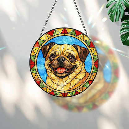 Stained Glass Dog Memorial Suncatcher,Pug Window Hanging,Sympathy Gifts for Pet Loss,7.9 inch/20 cm Home and Garden Decor for Dog Lovers