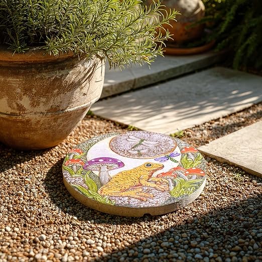 Hapjoy Stepping Stones Outdoor for Garden Moon Frog Mushroom Butterfly Decorative Stepping Stones Walkway Round Stone Garden Decor for Pathway Lawn (Yellow)