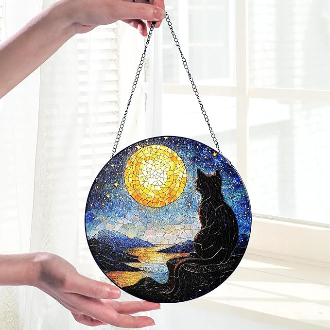 Black Cat Stained Glass Suncatcher Window Hanging Decor for Garden, Starry Night Cat Suncatcher Window Panel, Gifts for Cats Lovers, Memorial Gifts for Pet Loss, Sympathy Gift for Outdoor Decorations
