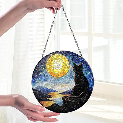 Black Cat Stained Glass Suncatcher Window Hanging Decor for Garden, Starry Night Cat Suncatcher Window Panel, Gifts for Cats Lovers, Memorial Gifts for Pet Loss, Sympathy Gift for Outdoor Decorations