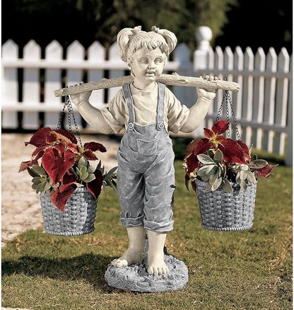 Design Toscano Flowers for Felicity Little Girl Garden Statue with Basket Planters, Medium, 25 Inches Tall, Cast Stone Resin, Two Tone Stone Finish