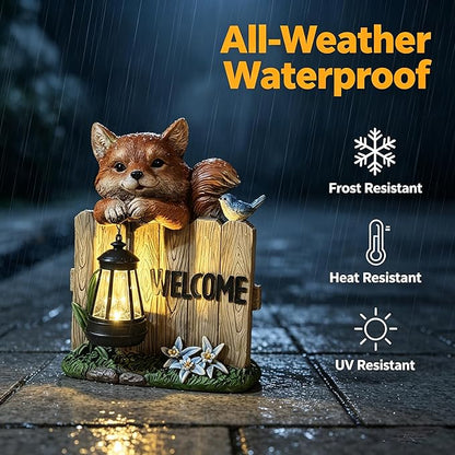 Garden Fox Welcome Sign with Solar LED Lantern, Outdoor Decorative Statue with Bird and Flowers for Porch, Patio or Garden