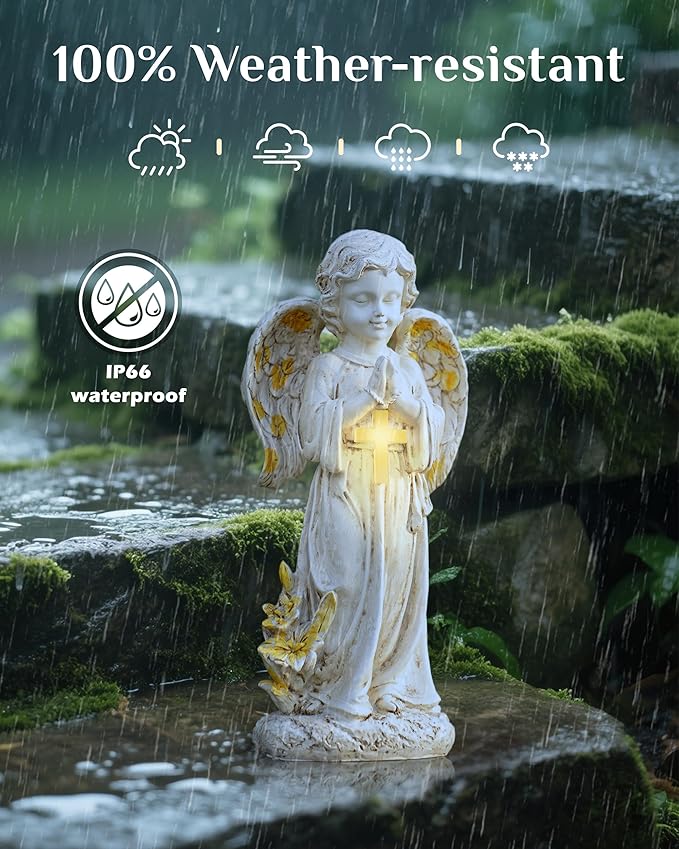 Solar Angel Statues for Outside, 12" Garden Solar Angel Figurines w/Lighted Cross, Guardian Angel for Cemetery, Yard, Pathway, Lawn Decor, Memorial Gardens Gifts for Mom Grandma Women