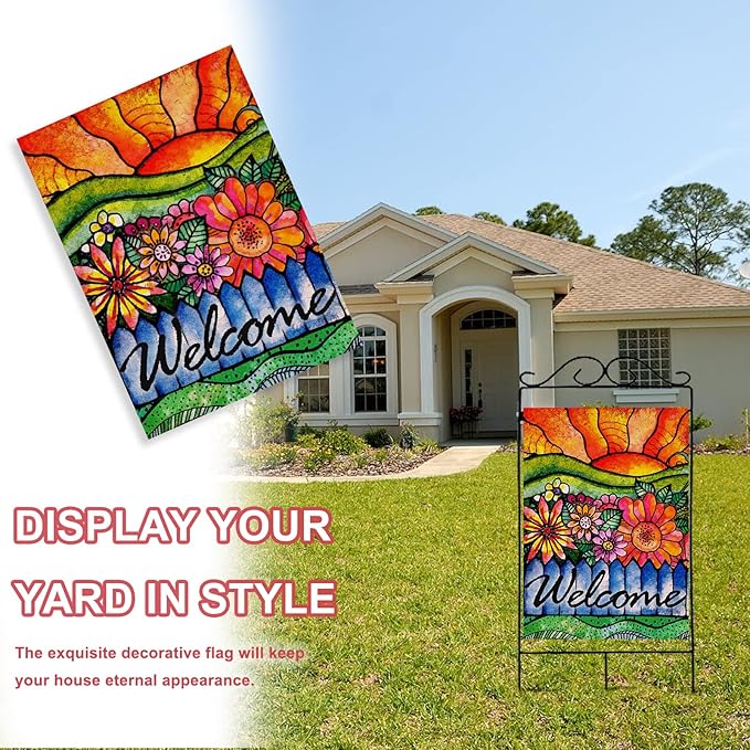 Home Decorative Welcome Spring Summer House Flag, Sunshine Watercolor Flowers Garden Yard Abstract Floral Outside Decorations, Sunrise Fall Farmhouse Outdoor Large Decor Double Sided 28 x 40