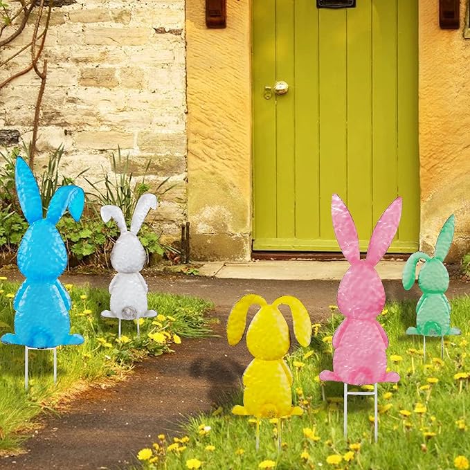 Joliyoou Easter Yard Signs, Set of 5 Metal Easter Bunny Stakes, Assorted Colorful Standing Rabbits Stake for Front Door Spring Lawn Garden Holiday Outdoor Decorations
