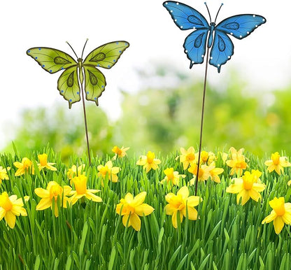 Metal Garden Stakes Spring Yard Sign Decorative Plant Stake Lawn Art Patio Decor Pathway Ornaments Indoor Outdoor Decoration (Blue+Green Butterfly)