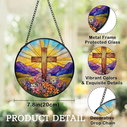 Cross Flower Suncatchers Stained Glass Window Hanging, Easter Christian Wildflower Landscape Sun Catchers Indoor Window Glass Round Wall Decor, 7.9x7.9in