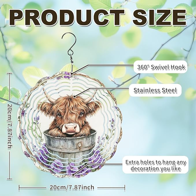 Highland Cow Wind Spinners Outdoor, Hanging Wind Spinner for Garden Decoration, 8 inch 3D Stainless Steel Metal Wind Sculpture for Indoor/Outdoor Decor