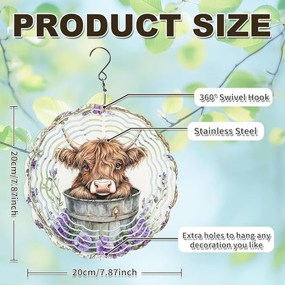 Highland Cow Wind Spinners Outdoor, Hanging Wind Spinner for Garden Decoration, 8 inch 3D Stainless Steel Metal Wind Sculpture for Indoor/Outdoor Decor