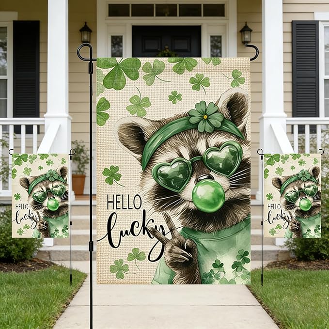 St. Patrick's Day Garden Flag, 12x18 Double Sided Raccoon Lucky Shamrock Garden Flags for Outside, St. Patrick's Day Decorations, Spring Seasonal Flags, Green Luck Clover Yard Flag for Outside Decor
