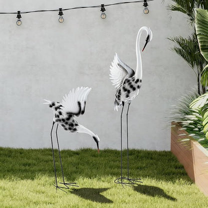 A Pair of Lifelike Crane Garden Statues, 53’’ & 35’’ Tall Metal and Wood Patina Heron Decor for Yard, Patio, Indoor Outdoor, Tall & Short Crane Sculptures