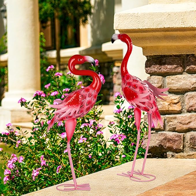 2Pcs Flamingo Garden Statues Metal Pink Flamingos Sculptures for Outdoor Backyard Decor Patio Lawn Porch Yard Decoration (Pink)