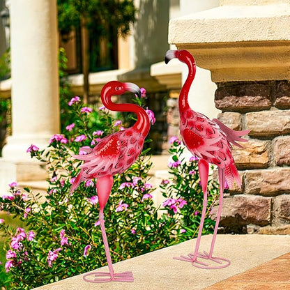 2Pcs Flamingo Garden Statues Metal Pink Flamingos Sculptures for Outdoor Backyard Decor Patio Lawn Porch Yard Decoration (Pink)