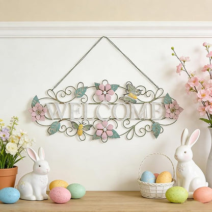 Queltharion 23.6'' L Vintage Metal Welcome Sign Hanging Decor Rustic Distressed Butterfly Bee Flora Welcome Wall Art Decoration for Outdoor Front Door Garden Farmhouse Porch Patio Yard Plaque Pink
