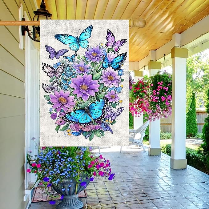 Spring Summer House Flag 28x40 Double Sided, Butterfly Floral Flower Large Garden Flags for Outside Holiday Seasonal Yard Decorations for Home