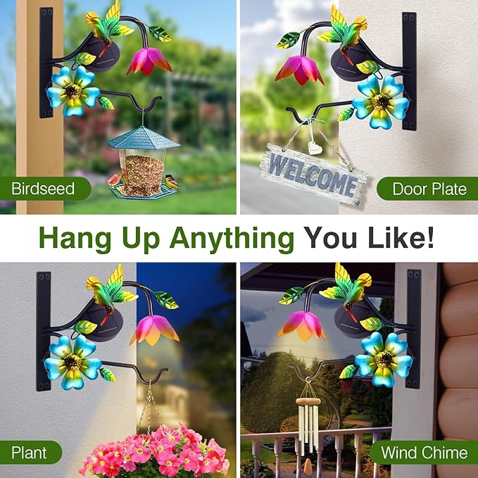 Lewondr Plant Hangers with Solar Light,9 Inch Metal Hanging Plant Bracket Outside,Hummingbird Plant Wall Hook Solar Lights Outdoor for Wall,Flower Basket,Bird Feeder,Lantern,Wind Chime,2 Pack