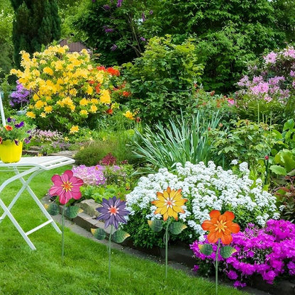 hogardeck Metal Flower Decorative Garden Stakes,4 Pcs 19" Outdoor Garden Decor with Shaking Flower Head Yard Stakes, Yard Art Spring Decorations for Patio Lawn (Pink & Yellow & Purple & Orange)
