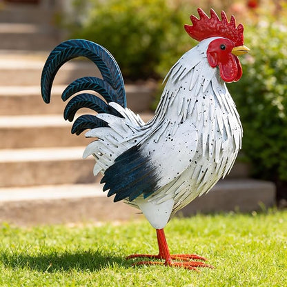 Ratuor Rooster Garden Statue Sculpture Metal Chicken Yard Decor Outdoor Figurines Patio Backyard Decoration (White)