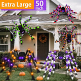 3-in-1 Large Halloween Spider Decorations Set, 50" Huge Spider Hanging with 20" Light Up Spider Egg Totally 36 LEDs Lights Battery Operated Fake Spiders Halloween Decors for Yard Home Party