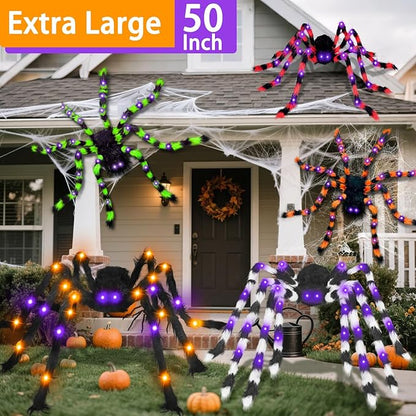 3-in-1 Large Halloween Spider Decorations Set, 50" Huge Spider Hanging with 20" Light Up Spider Egg Totally 36 LEDs Lights Battery Operated Fake Spiders Halloween Decors for Yard Home Party