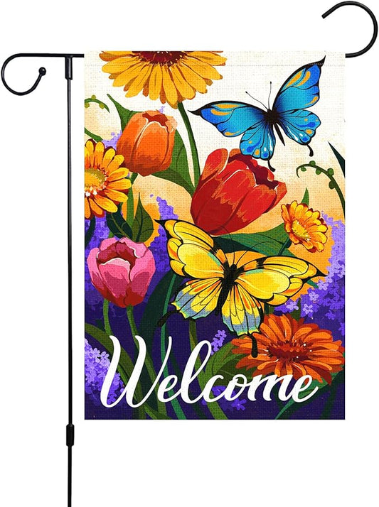 Louise Maelys Welcome Spring Floral Garden Flag 12x18 Double Sided, Burlap Small Vertical Summer Butterfly for Yard Seasonal Outside Outdoor House Decoration