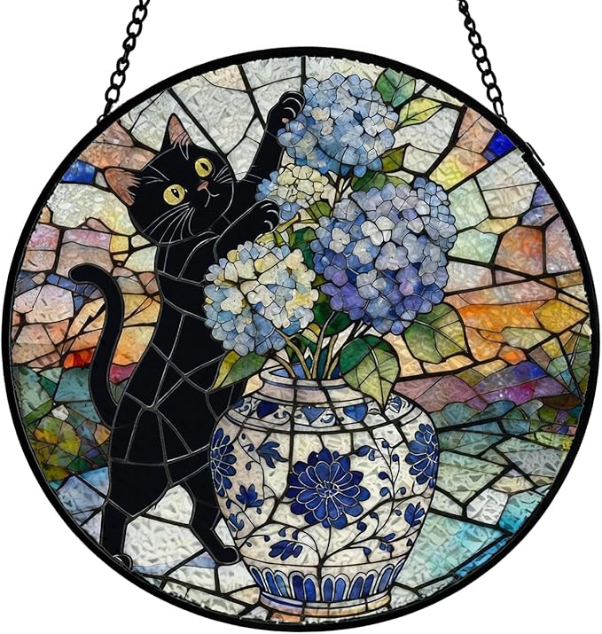 Chinoiserie Hydrangea Black Cat Stained Glass Window Hanging, Funny Cat Flower Suncatcher Indoor Window Glass Round Wall Art Decor, 7.9x7.9 Inch