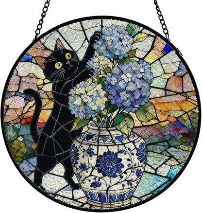 Chinoiserie Hydrangea Black Cat Stained Glass Window Hanging, Funny Cat Flower Suncatcher Indoor Window Glass Round Wall Art Decor, 7.9x7.9 Inch