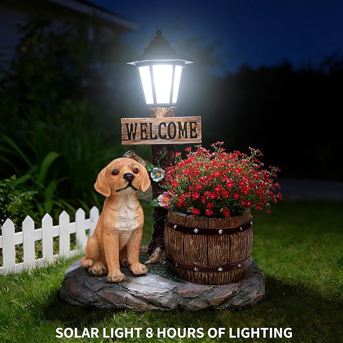 Solar Light Animal Outdoor Statue Planter with Welcome Sign, Resin Garden Sculpture Flower Pot for Patio Lawn Porch Yard Courtyard Decor, Weather-Resistant Decorative Figurine Accent (B)