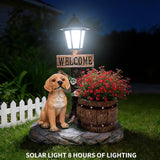 Solar Light Animal Outdoor Statue Planter with Welcome Sign, Resin Garden Sculpture Flower Pot for Patio Lawn Porch Yard Courtyard Decor, Weather-Resistant Decorative Figurine Accent (B)