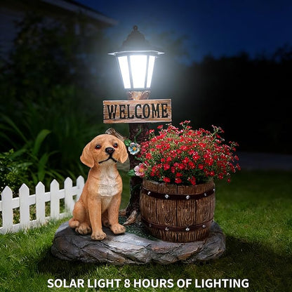 Solar Light Animal Outdoor Statue Planter with Welcome Sign, Resin Garden Sculpture Flower Pot for Patio Lawn Porch Yard Courtyard Decor, Weather-Resistant Decorative Figurine Accent (B)