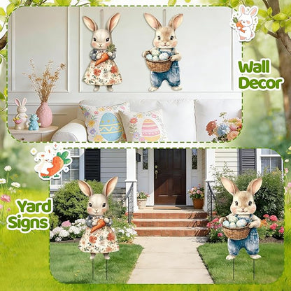 2 Pcs Easter Metal Vintage Bunny Yard Signs, Retro Bunny Couple Easter Decorations Outdoor, Farmhouse Rustic Rabbit Hanging Wall Decor with Carrot Eggs for Home Family Outside Spring Patio