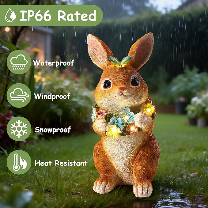 Solar Garden Statues Outdoor Bunny Decorations with Butterfly & Flowers for Mom, Grandma Spring Decor with 6 LED Night Accent Lights for Patio, Yard & Lawn, Christmas Day Figurine